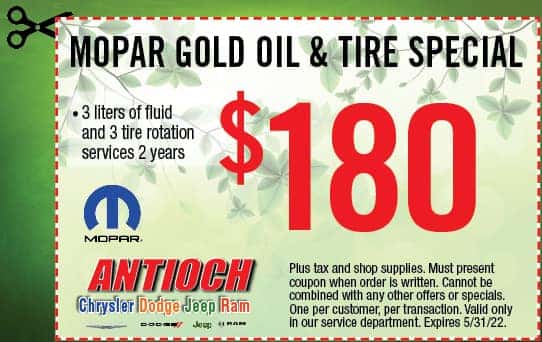 $180 Mopar Gold oil and tire special - 3 liters of fluid and 3 years tire rotation services for 2 years