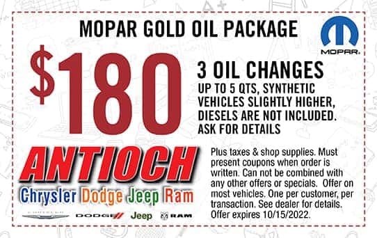 $180 Off 3 Oil Changes - Mopar Gold Oil Package - Up To 5 Qts, Synthetic Vehicles Slightly Higher - Ask for details
