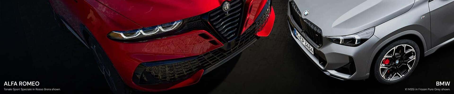 High-angle view comparing an Alfa Romeo Tonale in Rosso Brera and a BMW X1 in Frozen Pure Grey on a dark paved track.
