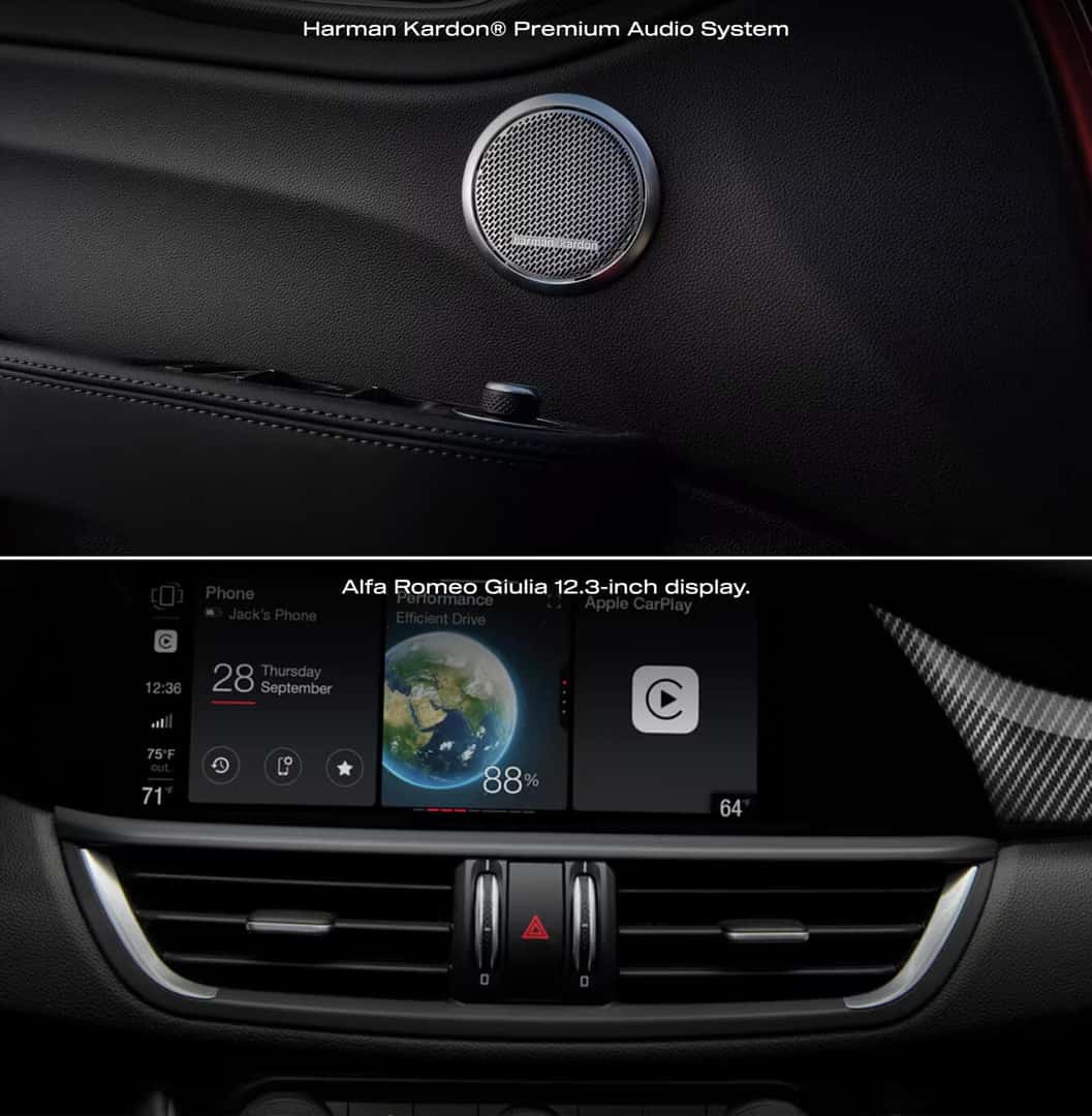 Split-screen detail view of a Harman Kardon speaker grille and a 12.3-inch display inside a 2026 Alfa Romeo Giulia Veloce.