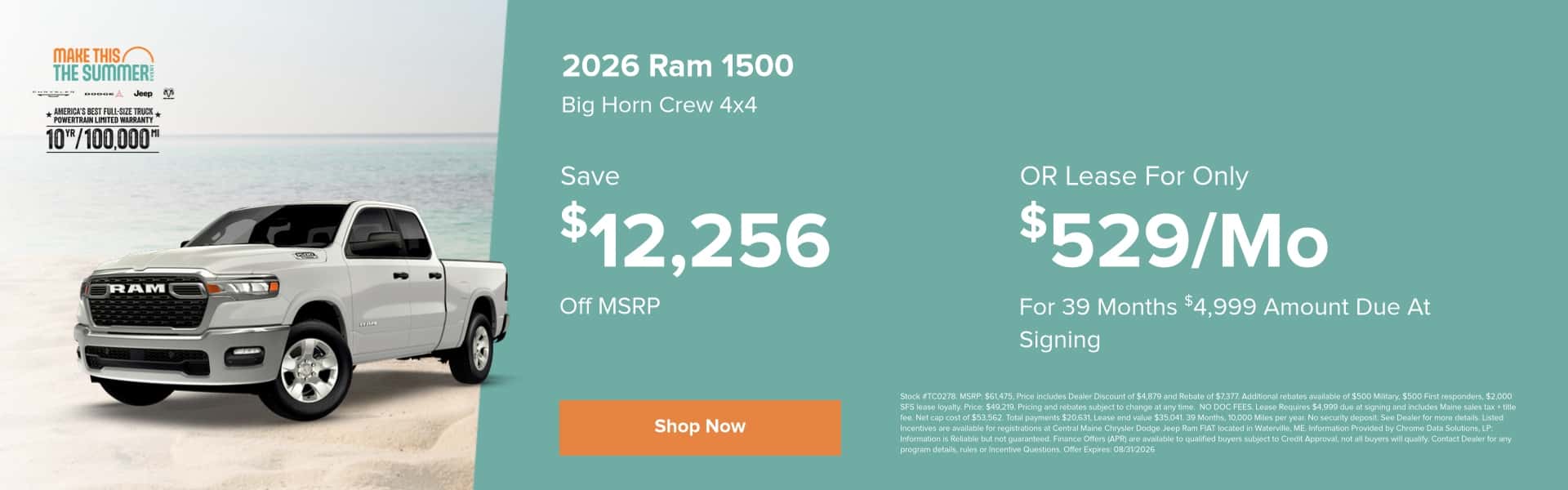 2026 Ram 1500 Big Horn Save $12,256 Off MSRP or Lease For Only $529/mo