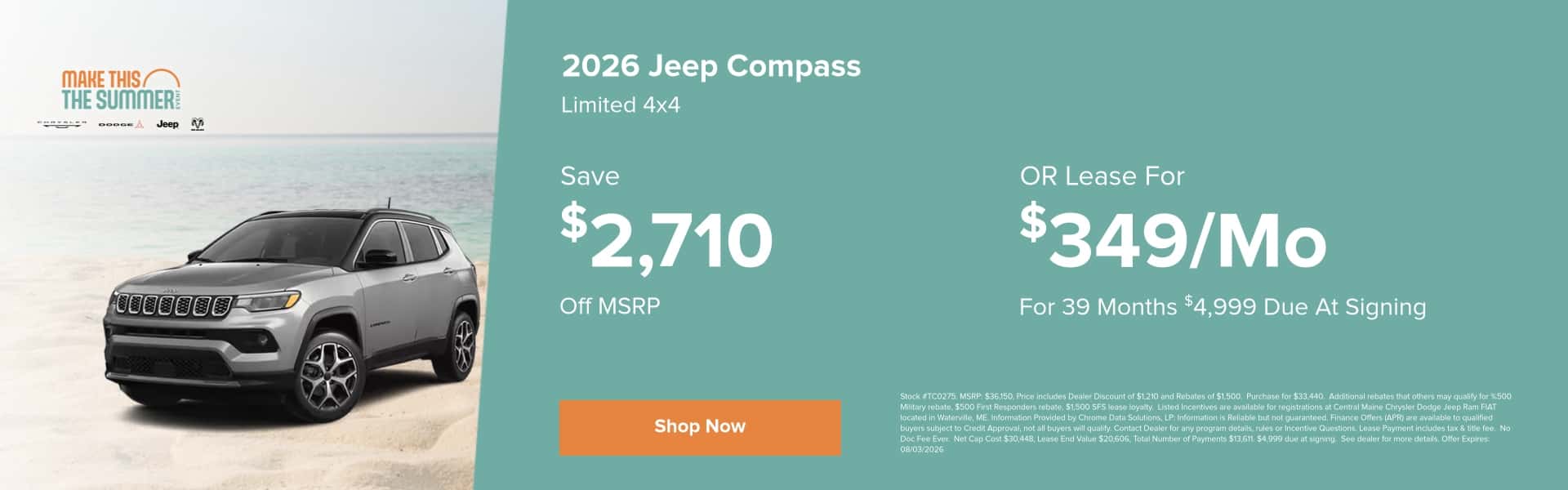 2026 Jeep Compass Lease Offer Only $349/mo For 39 Months Or Save $2,710 On A 2026 Jeep Compass Deal at Central Maine CDJR In Waterville
