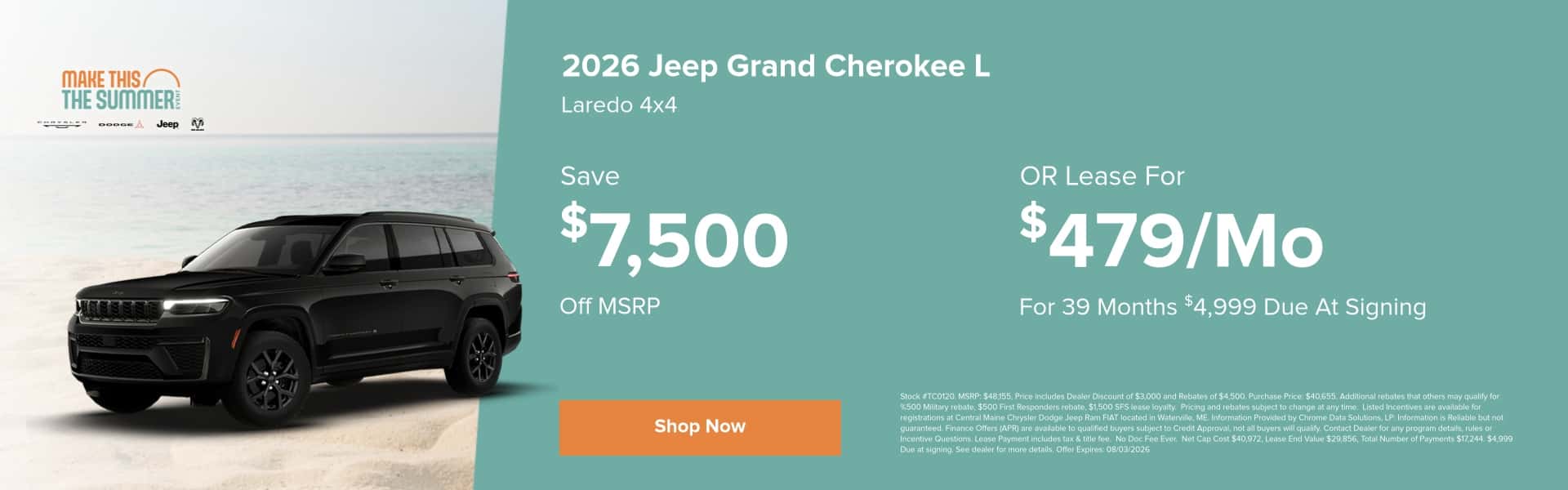 2026 Jeep Grand Cherokee L Lease Offer Only $479/mo For 39 Months Or Save $7,500 On A 2026 Jeep Grand Cherokee LDeal at Central Maine CDJR In Waterville