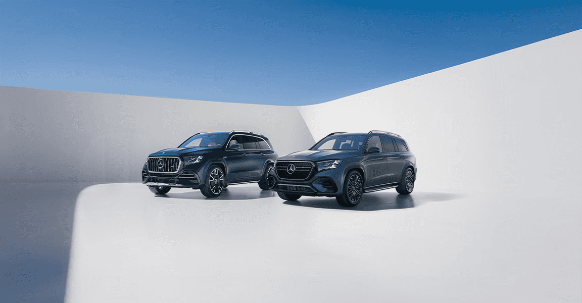 Two Mercedes Benz GLS SUV with a blue and white background
