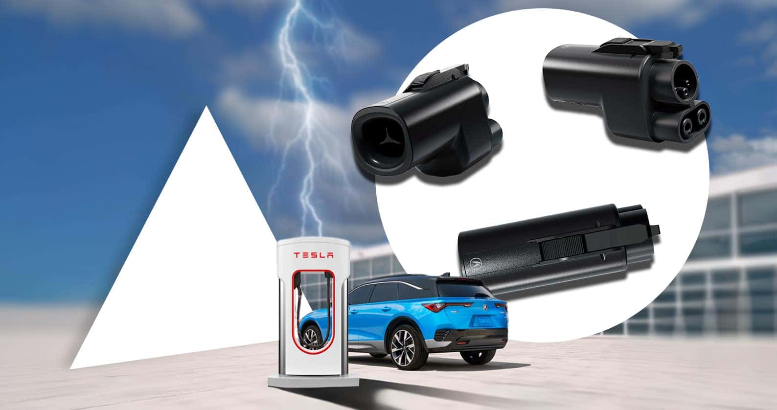 Adapter for Charging the Acura ZDX at Tesla Supercharger with lighting coming from the sky to the charging station