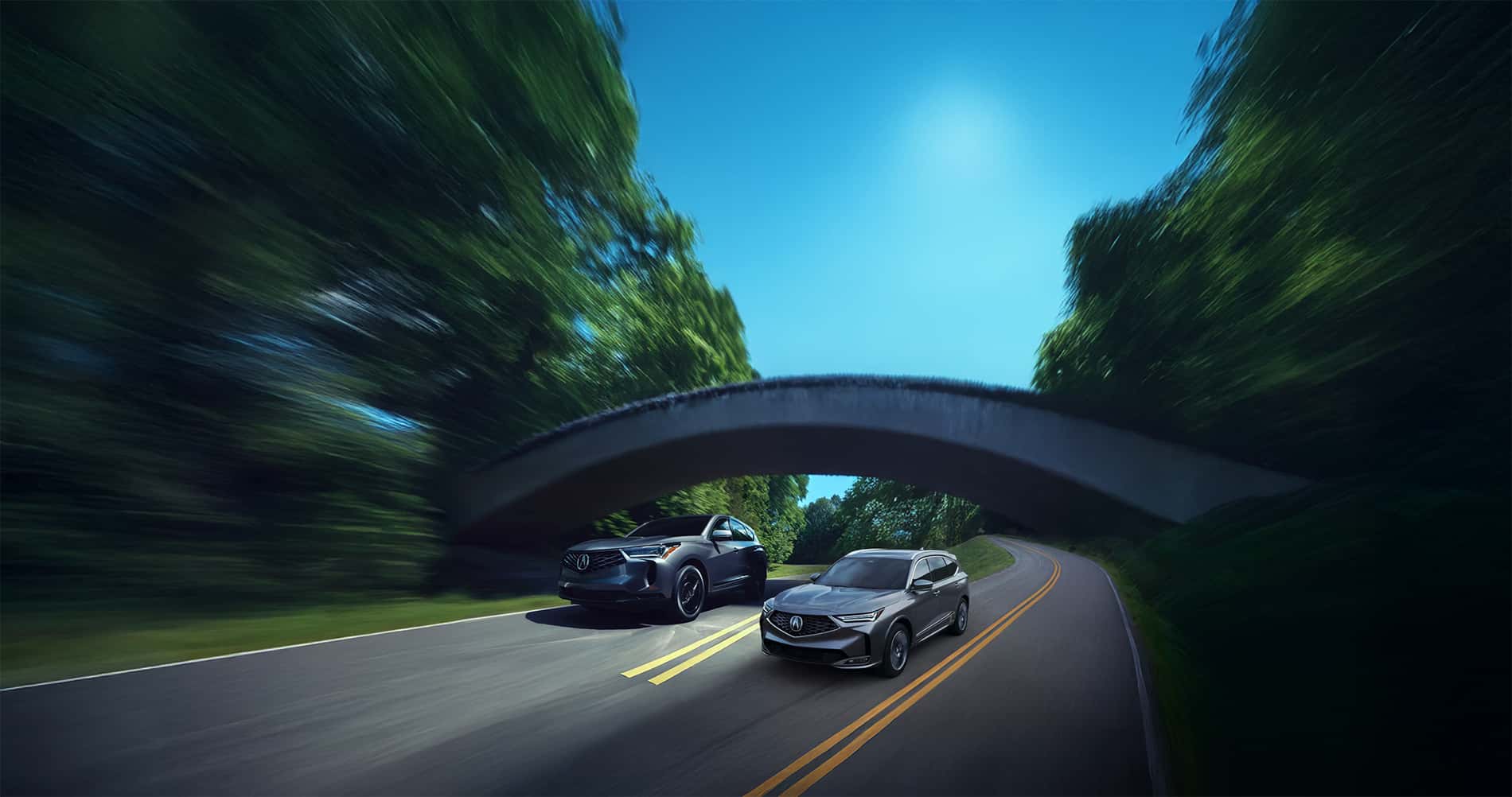 2026-Acura-RDX-vs-MDX-driving-down-a-forested-highway