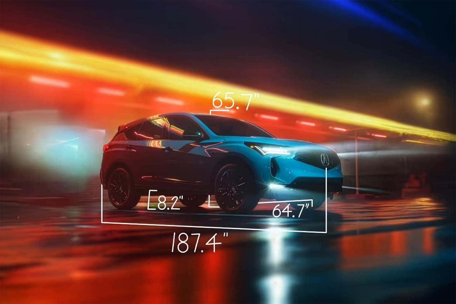 2026 Acura RDX parked in a red lit parking lot with exterior dimensions drawn on the image