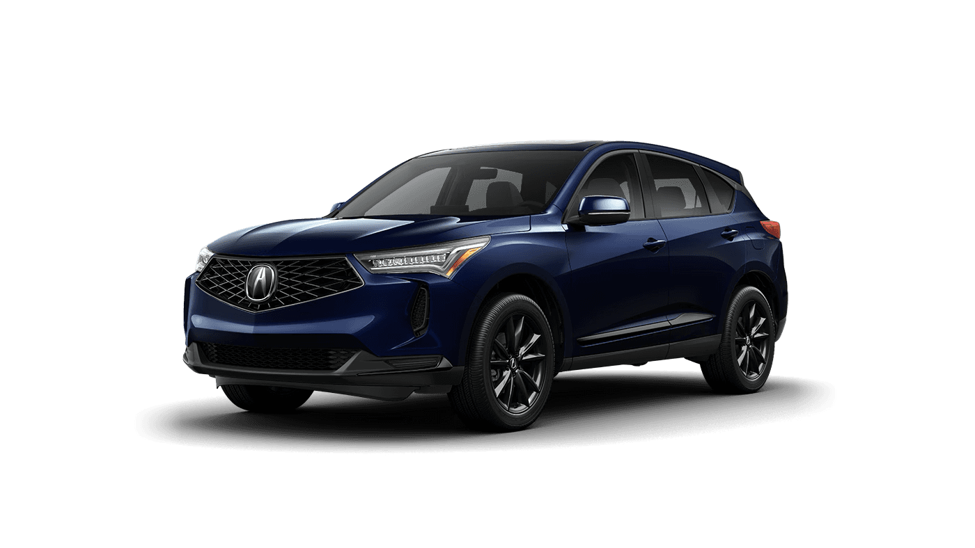 2026 Acura RDX in blue with Jewel Eye LED headlights, diamond pentagon grille, and SH-AWD compact luxury SUV styling on a black background