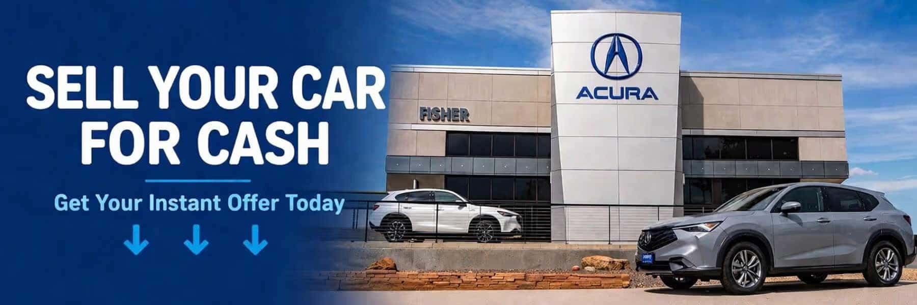 Boulder Sell Your Car for Cash 80301-80304 Silver Acura SUV parked outside Fisher Acura dealership in Boulder with bold blue “Sell Your Car for Cash” hero banner, promoting instant vehicle appraisal and direct cash offer.
