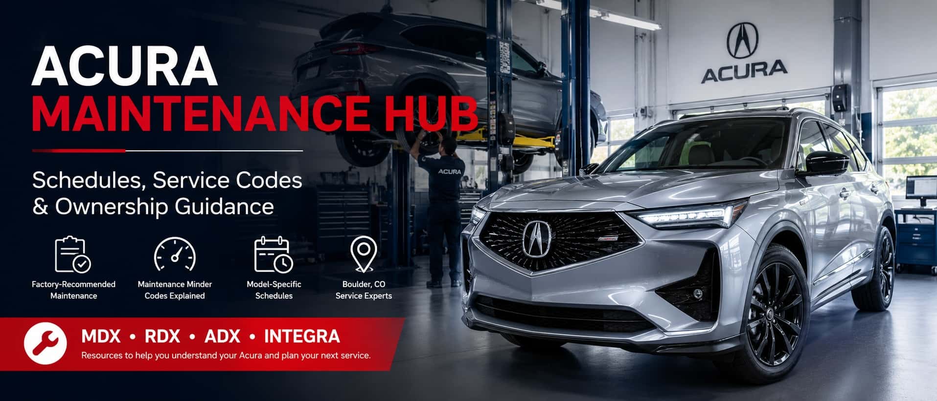 Acura maintenance hub banner with a silver Acura SUV inside a modern service center, highlighting maintenance schedules, service codes, and ownership guidance for MDX, RDX, ADX, and Integra models.