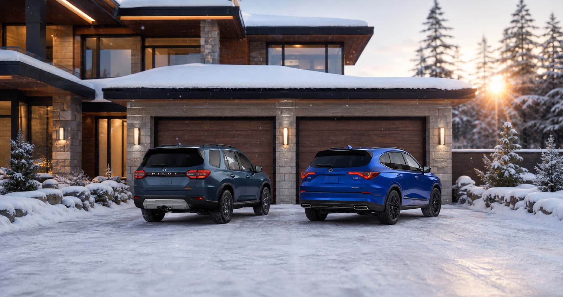 Blue Acura MDX and gray Honda Pilot parked side by side in snowy driveway at sunrise in front of modern mountain home highlighting rear styling and design differences.
