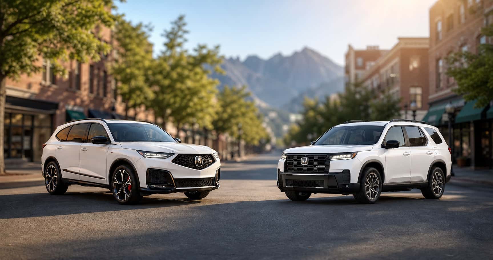 White Acura MDX and white Honda Pilot parked on city street with mountain backdrop at sunrise showcasing front grille designs and trim level styling.