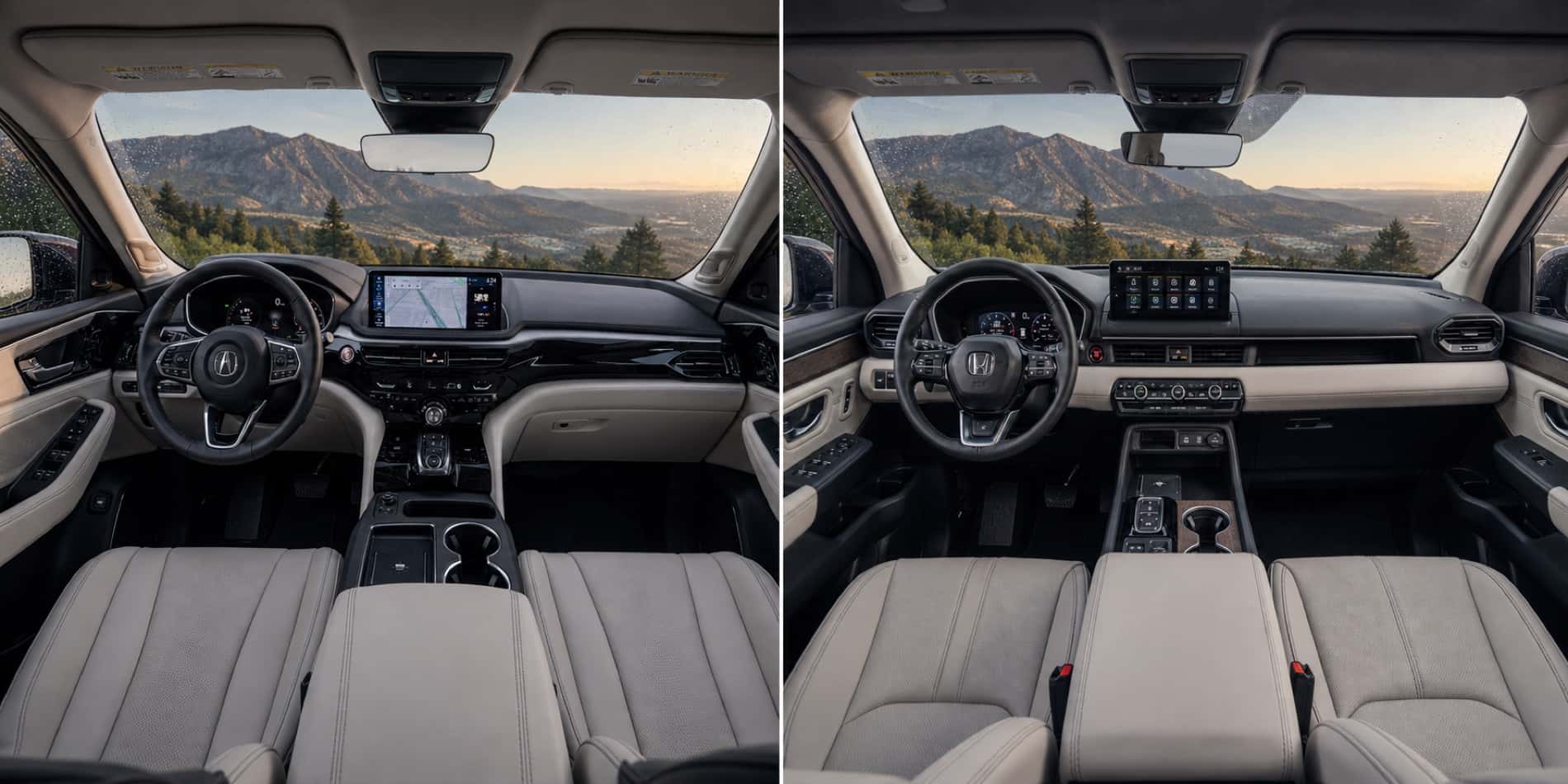 Side by side view of Acura MDX and Honda Pilot cabins showing dashboard layouts touchscreen displays and steering wheel designs with mountain scenery outside.