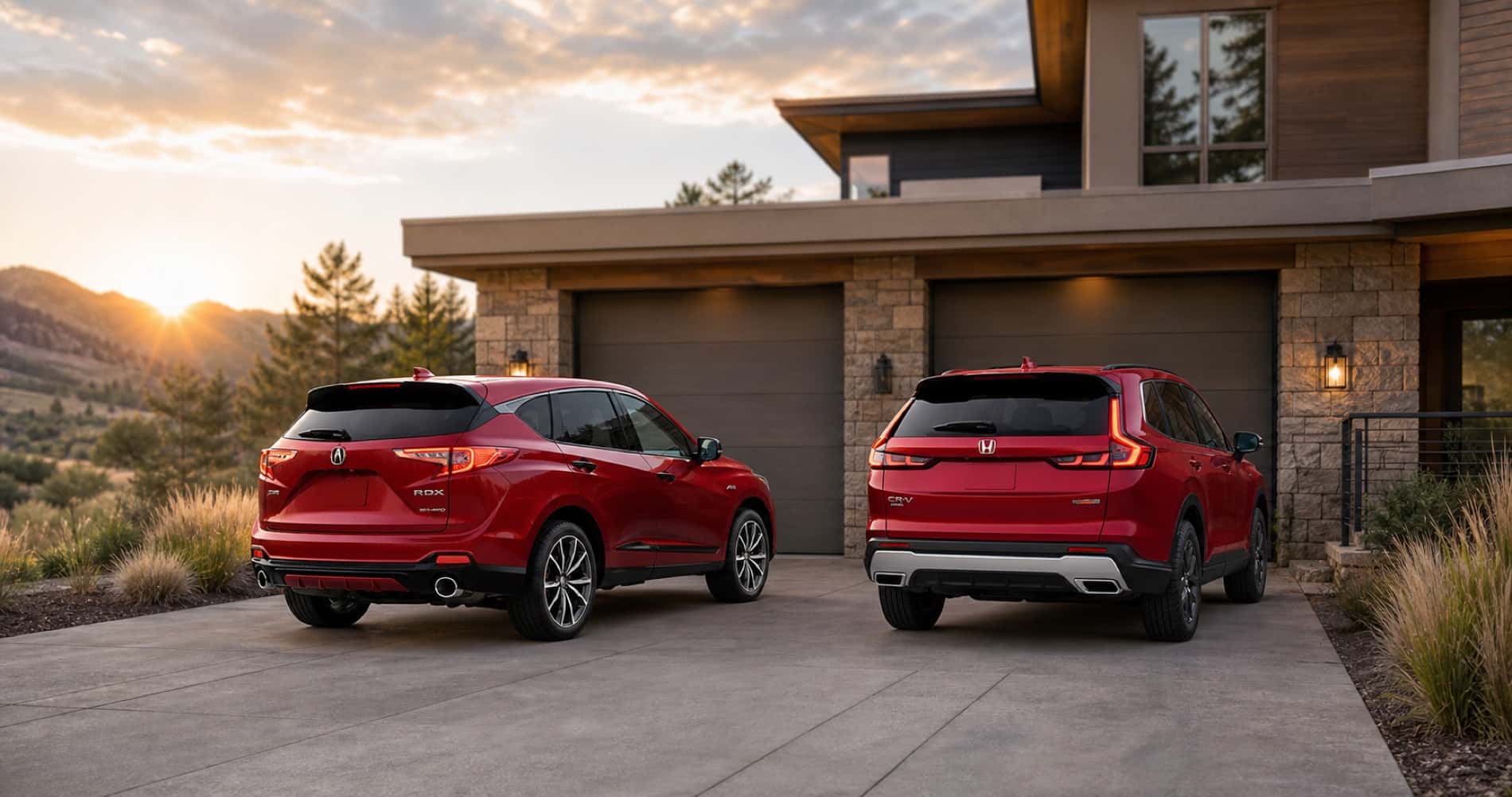 Red Acura RDX and red Honda CR‑V parked side by side in driveway at sunset in front of modern mountain home highlighting rear styling and design differences.