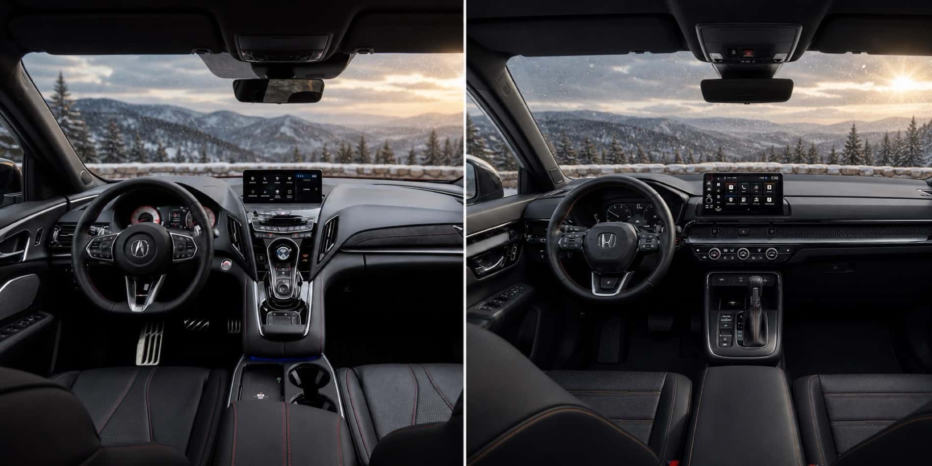 Side by side view of Acura RDX and Honda CR‑V cabins showing dashboard layouts touchscreen displays and steering wheel designs with snowy mountain scenery outside.