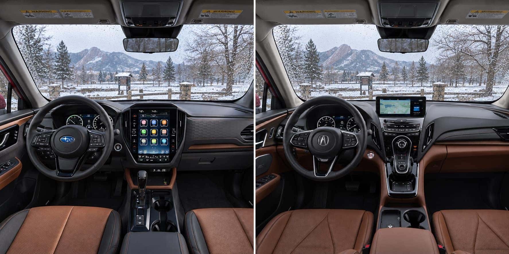2026 Subaru Forester and 2026 Acura RDX interiors shown side by side in snowy Boulder, CO