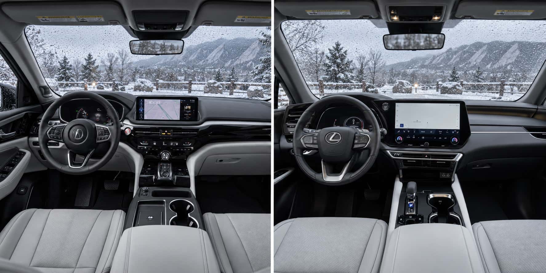 Acura MDX and Lexus RX interiors shown side by side in snowy Boulder, CO