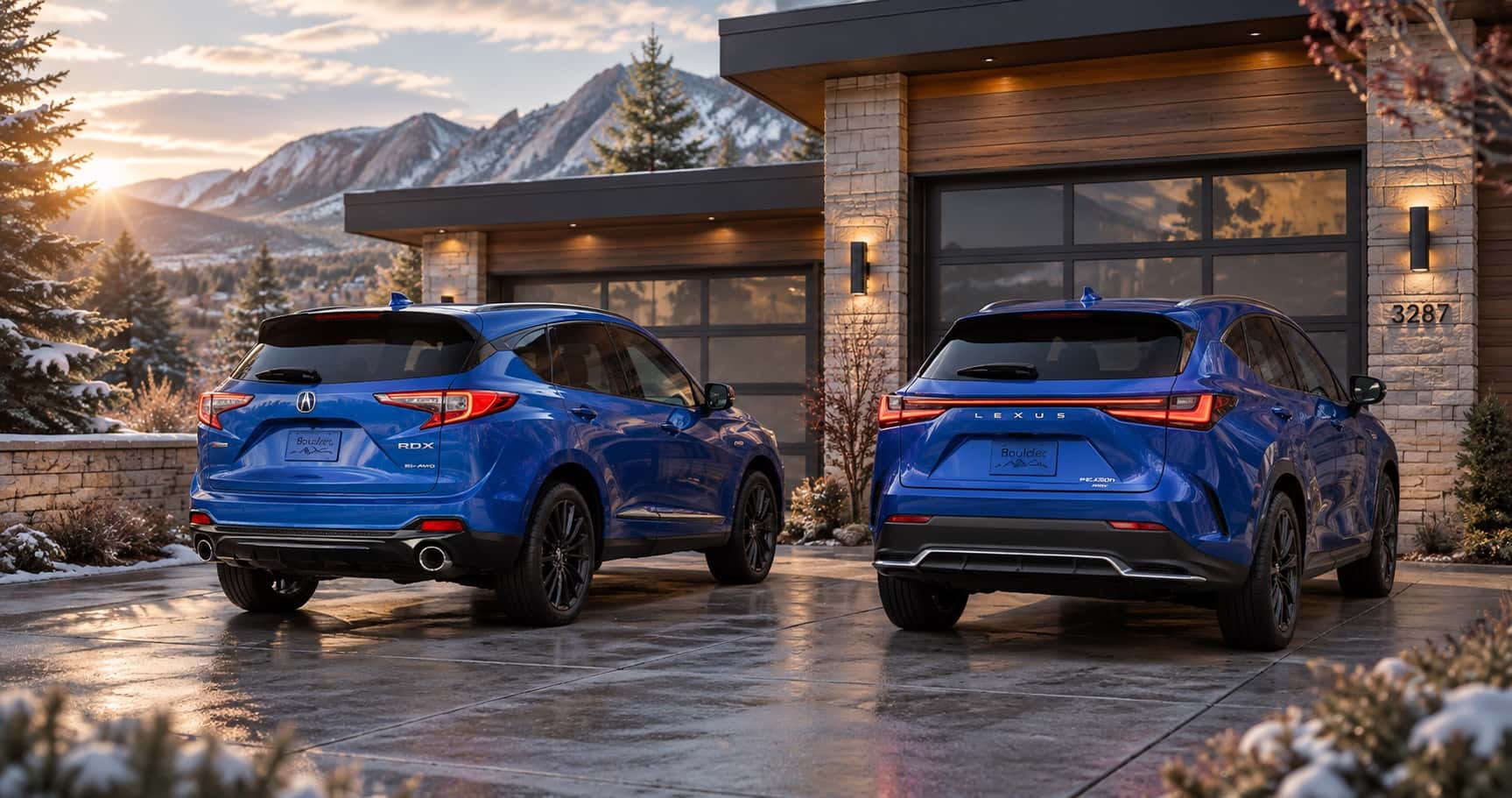 Acura RDX and Lexus NX parked in a snowy residential driveway in Boulder, CO