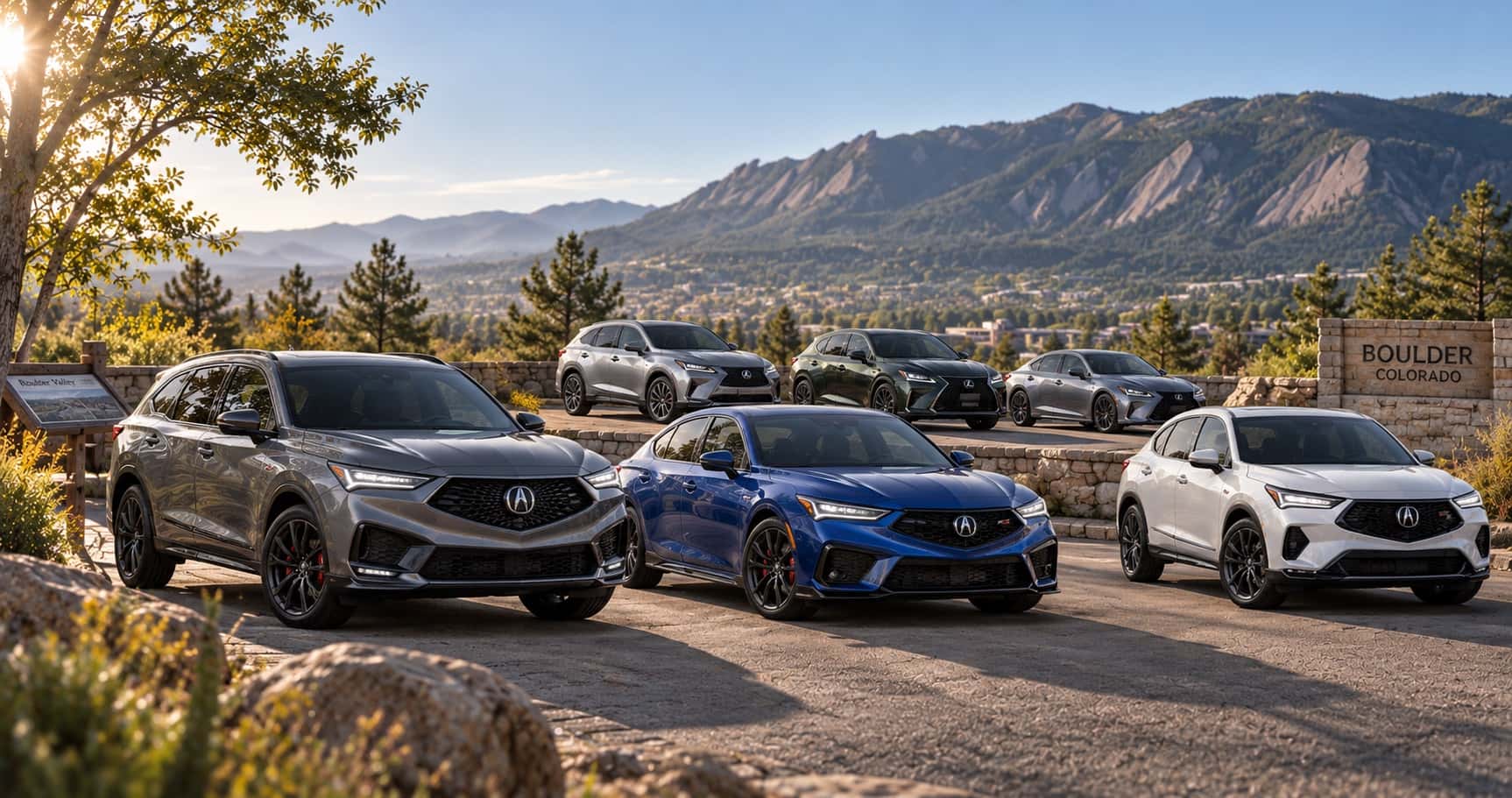 Acura and Lexus models overlooking Boulder, CO