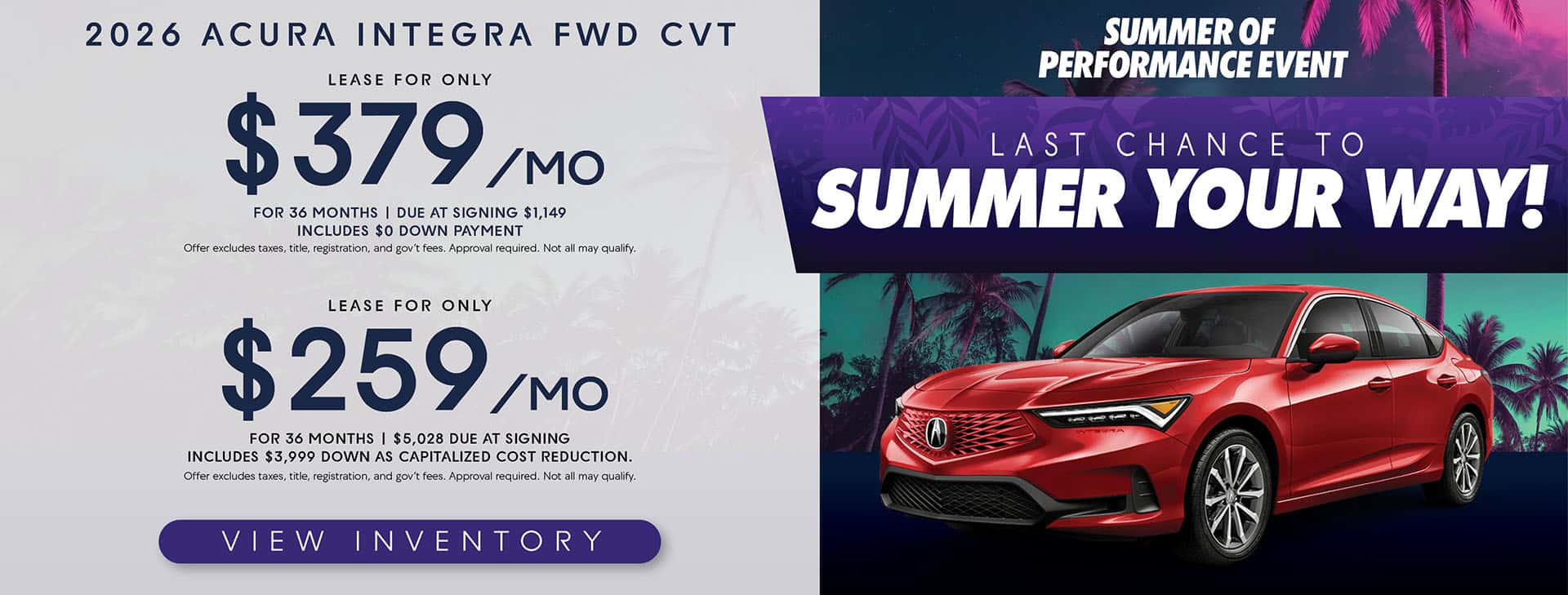 2026 Acura Integra FWD CVT Lease as low as $259/mo