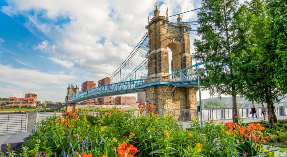 Blue and brown stone bridge behind orange and purple flowers in Cincinnati OH