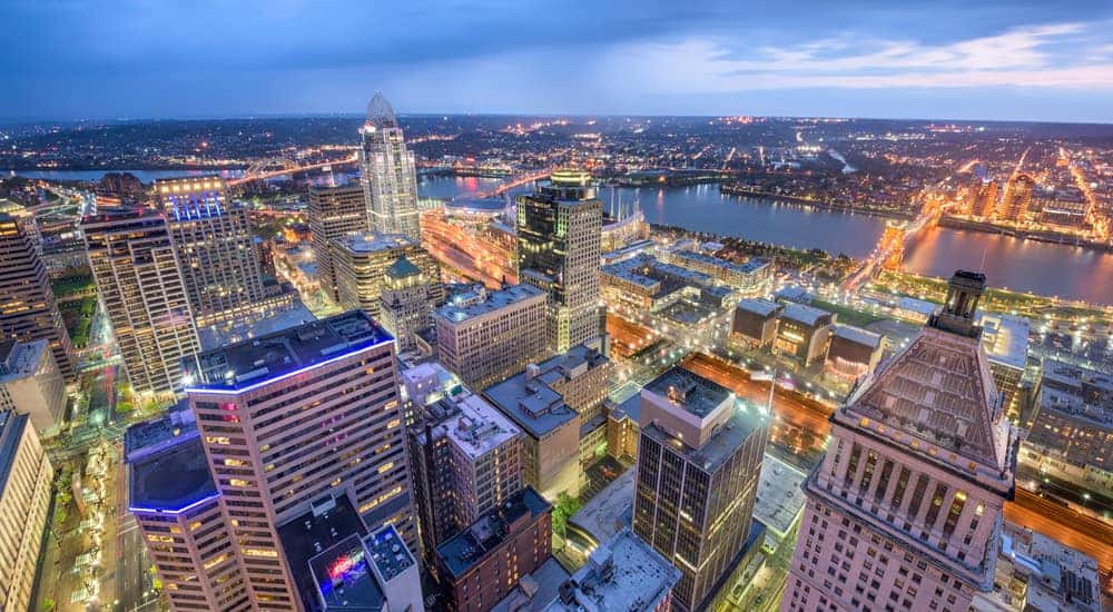Aerial view of tall city buildings in Cincinnati Ohio