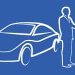 illustration of two businessmen shaking hands in front of a car on blue background