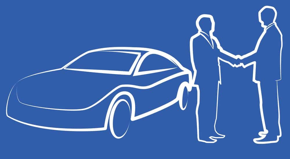 illustration of two businessmen shaking hands in front of a car on blue background