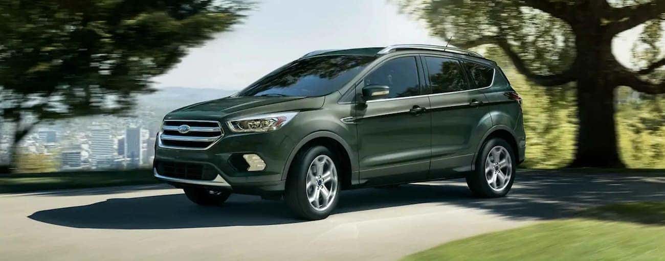 A green 2019 Ford Escape driving along a tree-lined road with a city in the back