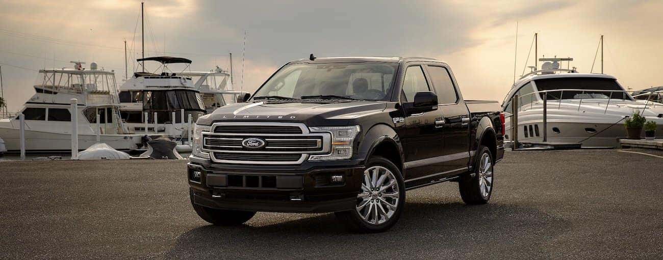 A dark brown 2019 Ford F-150 parked a boat dock