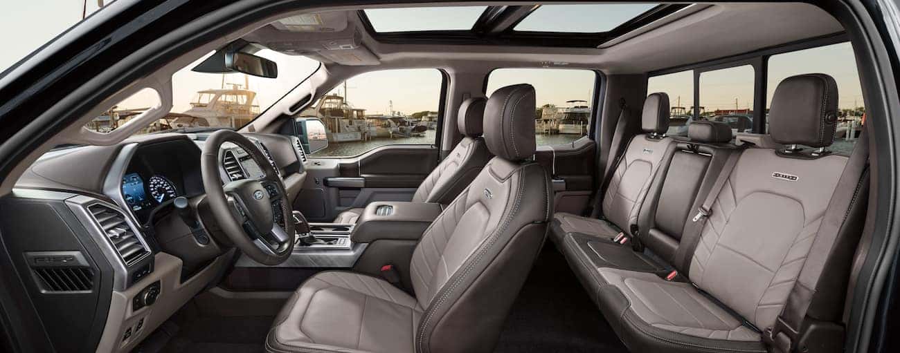 A gray leather interior of the 2019 Ford F-150