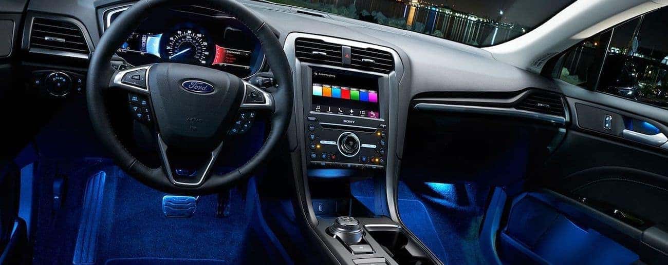 the high tech black interior of the 2019 Ford Fusion