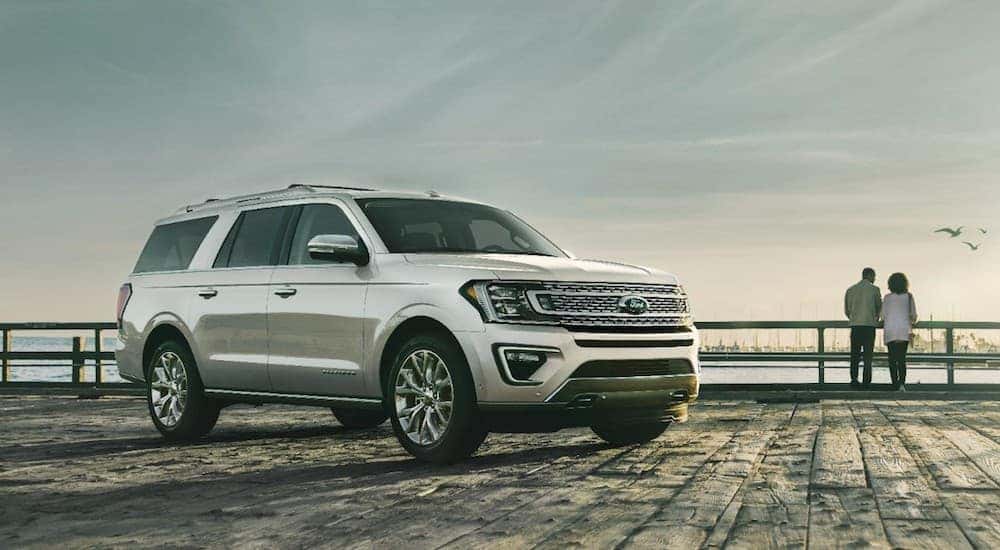 A silver Expedition from Ford Dealers in Ohio on a pier