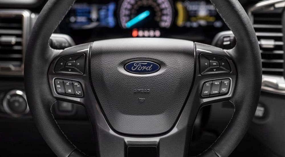 A closeup of the high-tech 2020 Ford Ranger steering wheel