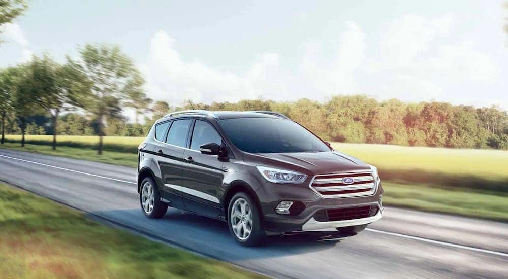 A black 2019 Ford Escape is driving in front of fields outside Cincinnati, OH.