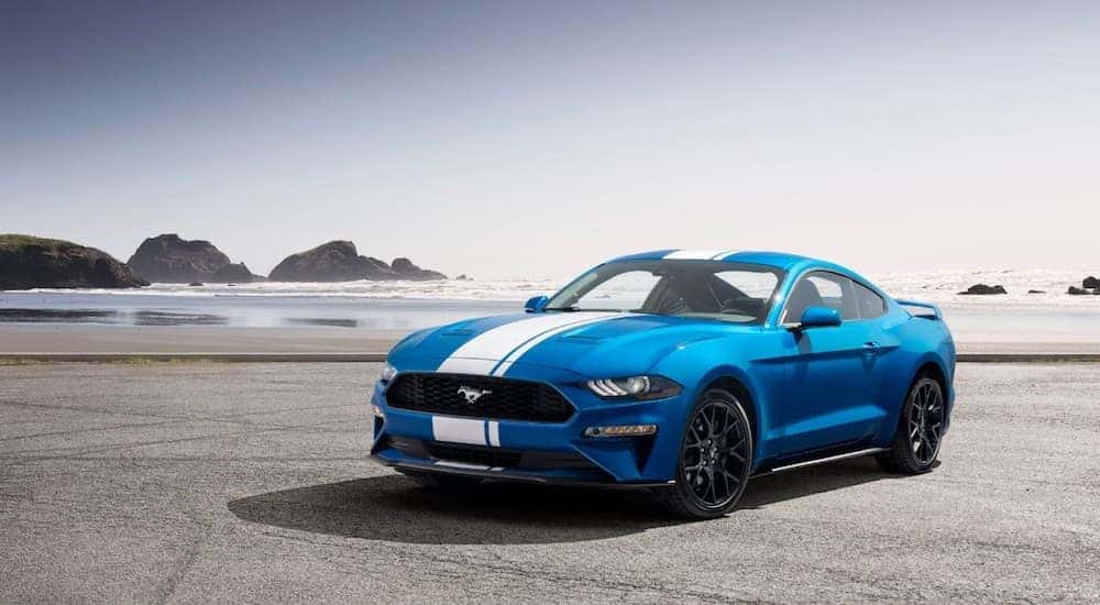 A blue 2019 Ford Mustang with white racing stripes is parked in front of a beach.
