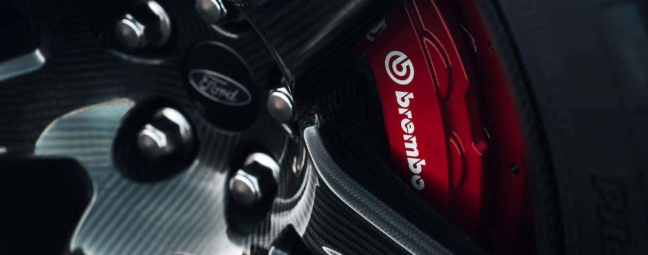 A closeup of red Brembo brakes on a 2020 Shelby GT500 is shown.