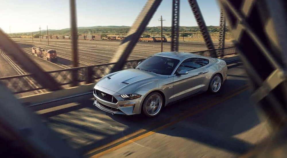 A grey 2019 Ford Mustang is driving on a bridge above a highway.