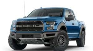 A blue 2019 Ford Raptor is facing left.