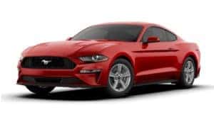 A red 2020 Ford Mustang is facing left.