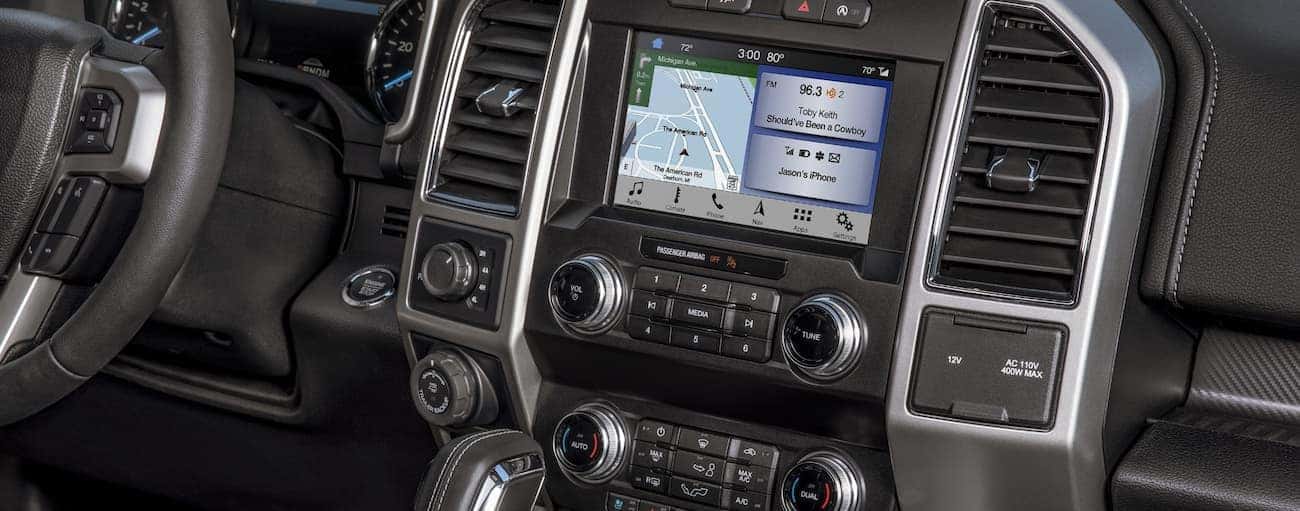 A close up of the 8" infotainment system inside the 2020 Ford F-150 is shown. 