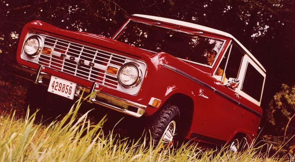 A red 1969 Ford Bronco, which was and still is a beloved model among Ford SUVs, is driving on a grassy field near Cincinnati, OH.