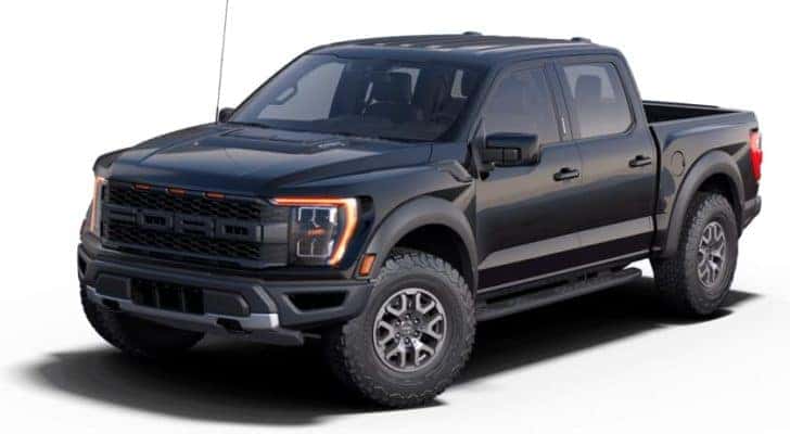 A black 2021 Ford F-150 Raptor is angled left.