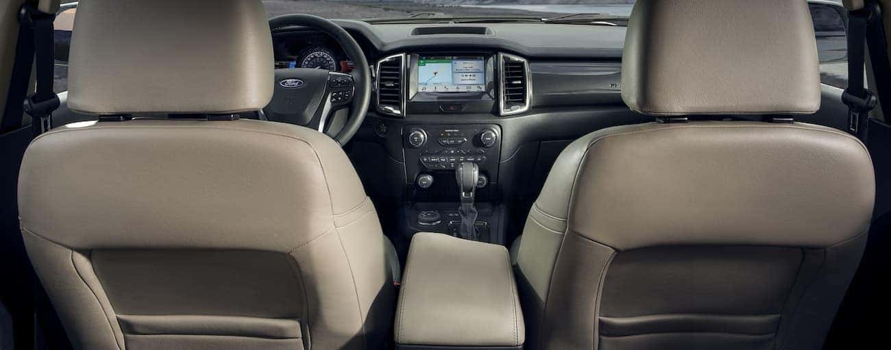The front tan leather interior of a 2020 Ranger is shown. 