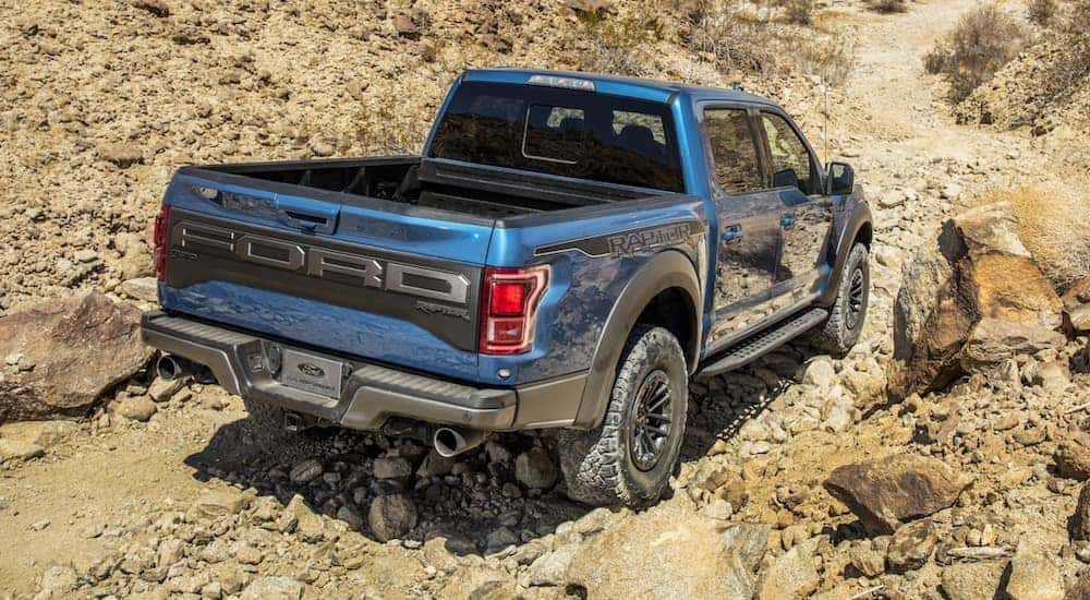 A blue 2020 Ford F-150 Raptor is off-roading on a desert trail.