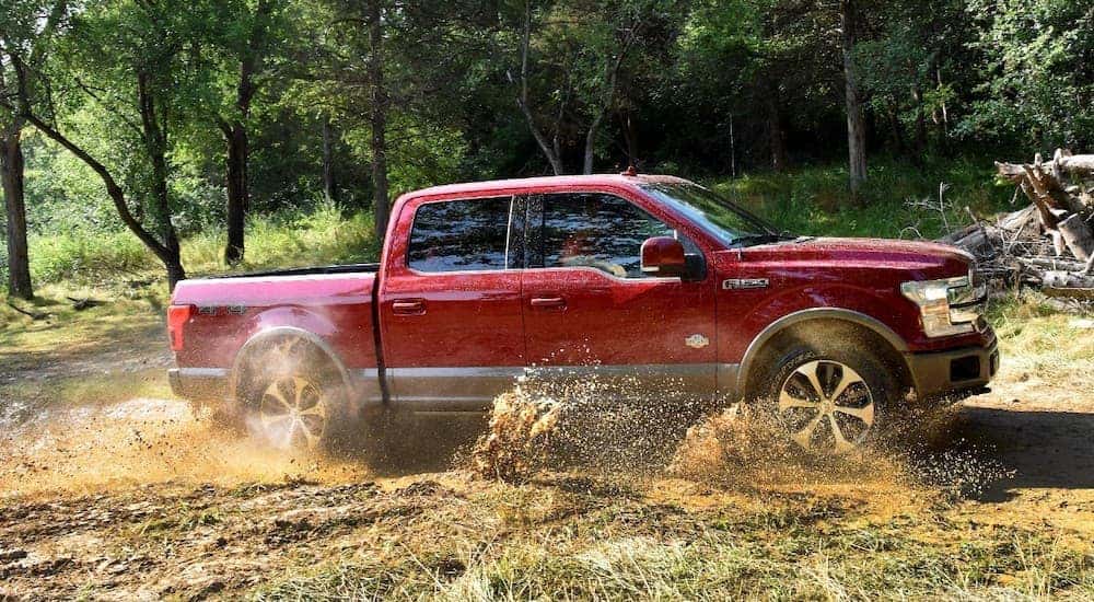 A red 2018 Ford Certified Pre-Owned F-150 is driving through a mud pit in the woods outside of Cincinnati, OH.