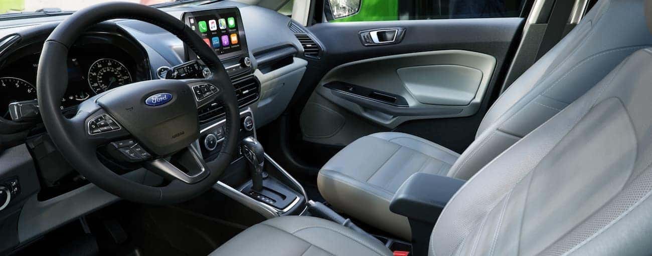 The white and black interior of a 2020 Ford EcoSport is shown.