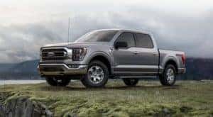 A grey 2021 Ford F-150 is parked on grass with misty hills in the distance.