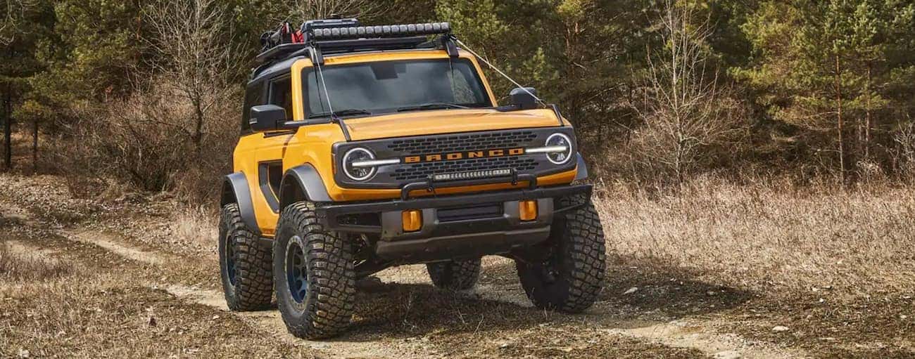 A yellow 2021 Ford Bronco 2-Door is off-roading on a dirt trail outside of Cincinnati, OH.