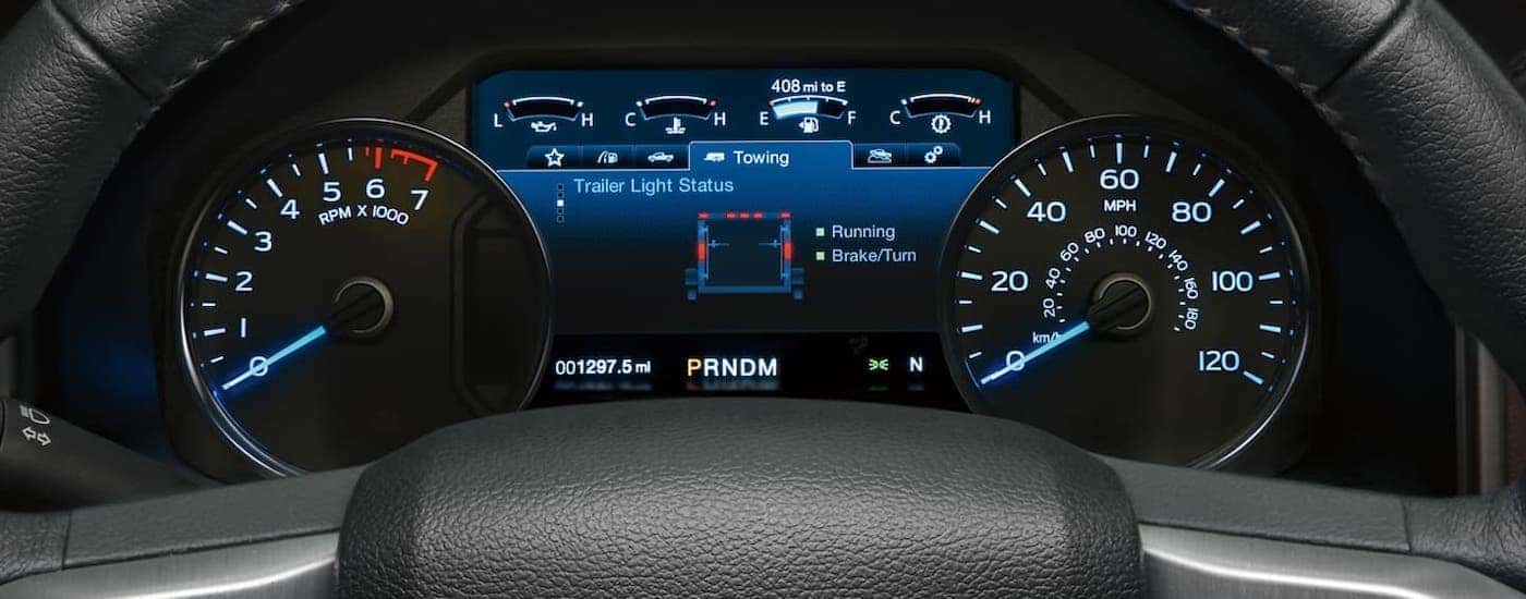 The driver information screen is shown in a 2020 Ford F-150 during the 2020 Ford F-150 vs 2020 Ford F-250 comparison.